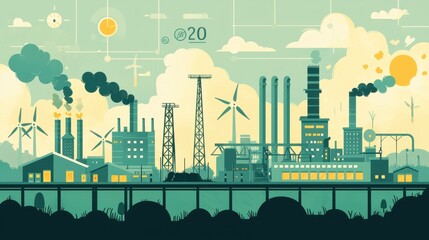 Wall Mural - Green Energy Industrial Complex with Wind Turbines and Smokestacks