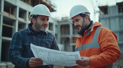 Aufkleber - Engineer and foreman worker team with blueprints checking project at the precast concrete factory site Engineer and builders in hardhats discussing on construction site : Generative AI