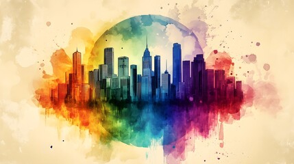 Wall Mural - Cityscape Silhouette with Watercolor Rainbow Background