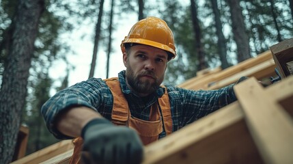 Poster - Carpenter constructing wooden frame house near the forest Bearded man hammering nails into structure while wearing protective helmet and construction vest Concept of modern ecological  : Generative AI