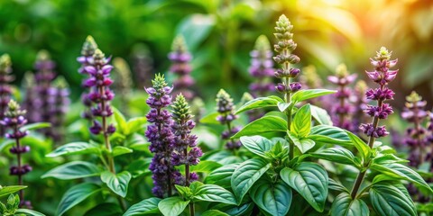 green and violet basil plants blooming in the garden , basil, plants, blossoms, growing, fresh, spic