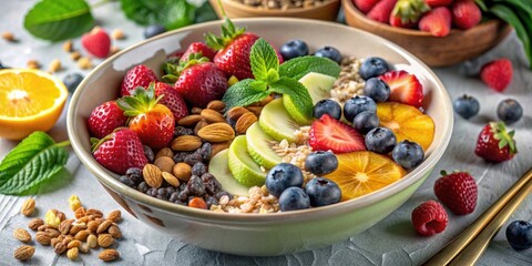 Wholesome breakfast bowl filled with fruits, nuts, seeds, and greens, healthy, nutrition, green, morning, breakfast, bowl, fruits