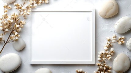 Aufkleber - Empty photo frame with a dry flower surrounded by stones on a light background : Generative AI