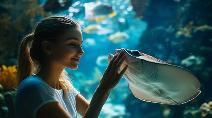 Poster - A young woman touches a stingray fish in an oceanarium tunnel : Generative AI