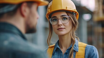 Aufkleber - Caucasian engineer in hardhats discussing on construction site Engineer and female foreman worker team checking project at precast concrete factory site : Generative AI