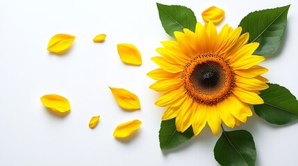 Poster - Yellow sunflower flower leaf and petals isolated on white background Flower in summer garden composition Creative layout Design element Top view flat lay : Generative AI