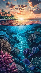 Wall Mural - seaside sunset illustration poster background