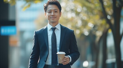 Aufkleber - Skilled business man walking in suit outfit while holding coffee cup Professional manager standing near architectural building Going to working in morning seeking for successful job Ex : Generative AI