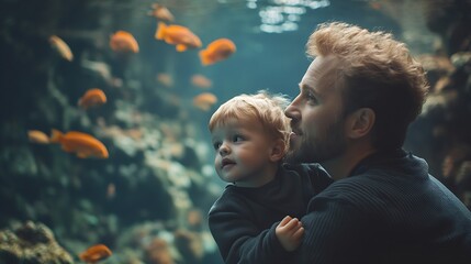 Dad and son spend time together in the Aquarium Son sits on dads back and explores the underwater world : Generative AI