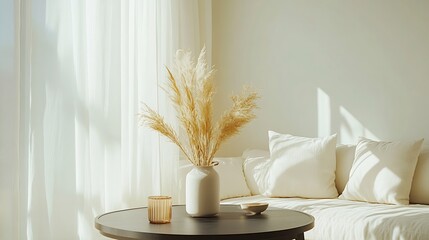 Poster - Aesthetic interior of living room with copy space white wall round black coffee table simple console with stylish accessories Home decor Template : Generative AI