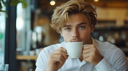 Aufkleber - Young businessman drinking coffee in her office Handsome man on coffee break : Generative AI