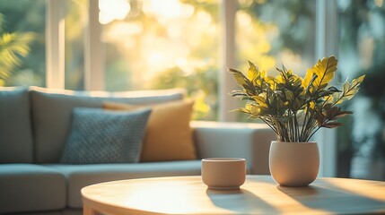 Fototapete - Blur image of living room with furniture at home with sunlight for background usage blur interior concept : Generative AI