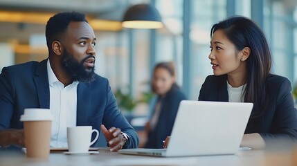 Black and Asian business professionals engage in discussion with a laptop and coffee on the table in a bright contemporary office setting : Generative AI