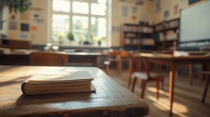 Fototapete - Cropped shot of wooden table with books stationery and copy space in blurred study roomEmpty classroom or presentation room interior with desks chairs and whiteboard : Generative AI