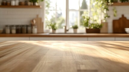 Poster - kitchen table background wood counter top on blur of white clean abstract home interior with bokeh  used for display or montage your wooden for dining background tabl banner podium : Generative AI