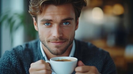 Aufkleber - Young businessman drinking coffee in the office Handsome man on coffee break : Generative AI