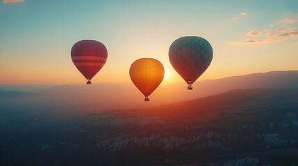  Colorful hot air balloons flying above mountain at sunrise sky background Travel natural background : Generative AI