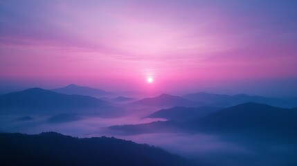 Fototapete - Romantic landscape sunset foggy mountain in evening twilight Beautiful landscape foggy hills twilight time Beautiful Purple sky sunrise dramatic landscape mountain Dawn sky dusk time c : Generative AI