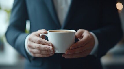 Poster - A manager in dark suit takes morning coffee to start his business hours in an office A man has a cup of coffee in his hand when start his working day A male office worker gets refreshm : Generative AI