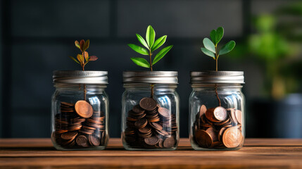 Wall Mural - Three glass jars filled with coins and small plants, symbolizing financial growth and investment, placed on a wooden table.