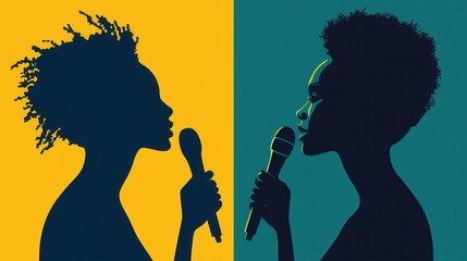 Two Silhouettes of Women Singing into Microphones on a Yellow and Teal Background