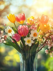 Poster - A vibrant bouquet features bright tulips, cheerful daffodils, and delicate cherry blossoms arranged beautifully in a glass vase. Generative AI