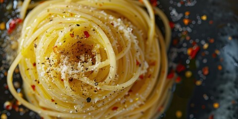 Poster - Aerial Perspective of Noodles with Garlic, Olive Oil, and Spicy Red Pepper