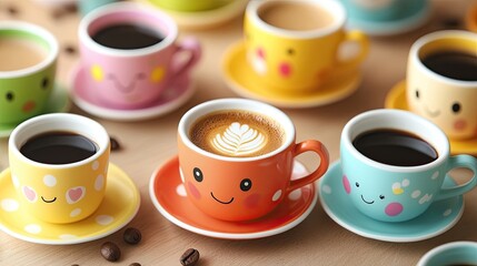 Cute Espresso in Colorful Cartoon Cups: Depicts a playful espresso served in colorful cartoon-themed cups, adding a fun and whimsical touch to your coffee experience.