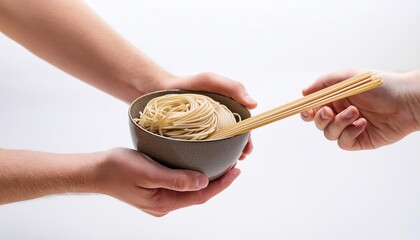 Wall Mural - White hands of man holding soba on white background isolated