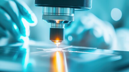 Poster - Microscope Closeup with Light Beam and Gloved Hand