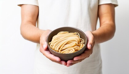 Wall Mural - White hands of man holding soba on white background isolated