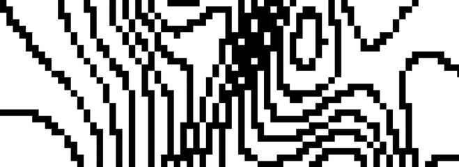 Poster - Dithered wavy curve line texture. Black pixel glitch background. Digitalized distorted backdrop for banner, poster, flyer, brochure, booklet. Abstract rasterized stripes overlay wallpaper. Vector