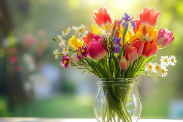 Poster - A clear glass jar holds a bright mix of tulips, irises, and daisies, basking in warm sunlight that enhances their vibrant colors. Generative AI