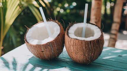 Two Fresh Coconuts with Straws on Blue Wooden Table