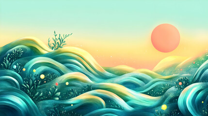 Wall Mural - Abstract Landscape with Wavy Hills and Sun