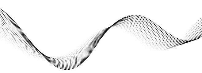 Poster - Dotted wavy line pattern. Black halftone undulate background. Abstract particle flow wave wallpaper. Curved dashed gradient net element for poser, banner design, presentation, booklet, flyer. Vector