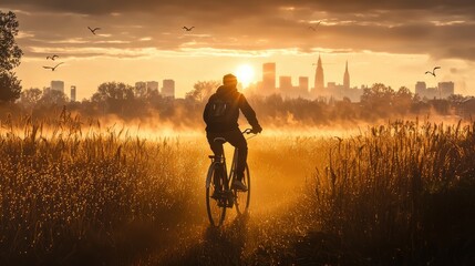 Wall Mural - Silhouette of Cyclist Riding Through Foggy Field at Sunrise With City Skyline in Background