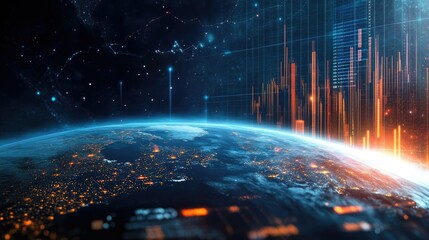 Planet Earth overlaid with financial graphs and charts, symbolizing global business trends and market analysis