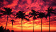 © Eddy Drmwn - Silhouettes of palm trees against a vibrant red sunset sky with birds flying overhead.