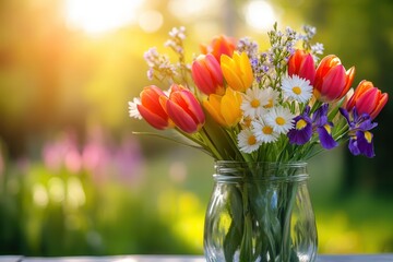 Aufkleber - Bright tulips, irises, and daisies fill a glass jar, basking in warm sunlight against a beautiful garden backdrop. Generative AI