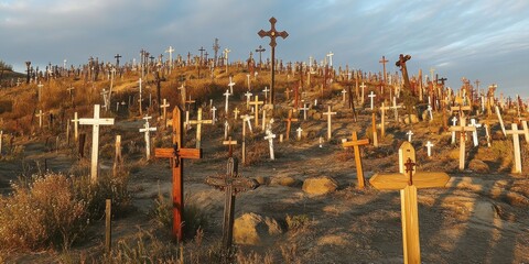 Wall Mural - hillside covered in wooden crosses