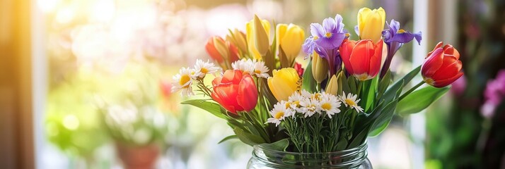 Poster - A clear glass jar holds a colorful arrangement of tulips, irises, and daisies under warm sunlight, creating a lively atmosphere. Generative AI