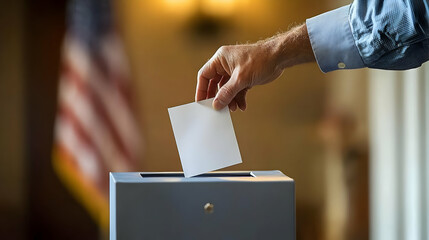 Man Casting Ballot in Election Booth with American Flag in Background