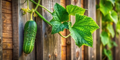 Wall Mural - Close-up of a vibrant cucumber plant growing against a rustic wooden fence , fresh, organic, agriculture, garden, harvest