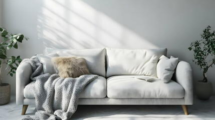 Wall Mural - Modern White Sofa with Throw Blanket and Pillows in Minimalist Living Room