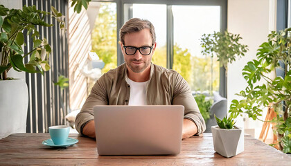 A young man operating a laptop. Image material of a young, smiling man operating a laptop.