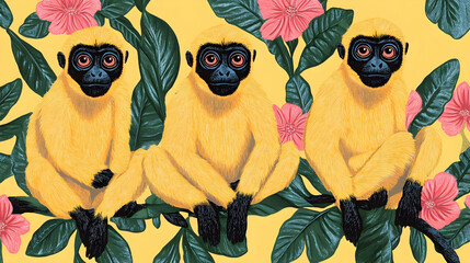 Wall Mural - Three Golden Monkeys Sitting in Tropical Leaves with Pink Flowers