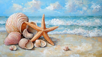 Wall Mural - Summer beach with starfish and shells