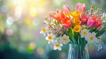 Poster - This colorful spring bouquet features tulips, daffodils, and cherry blossoms arranged attractively in a clear glass vase. Generative AI