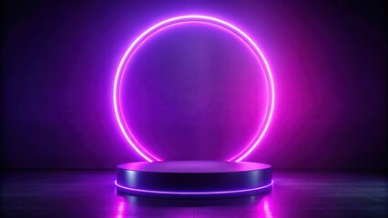 Glowing purple circle on podium in empty room with futuristic neon light, abstract background , futuristic, glowing